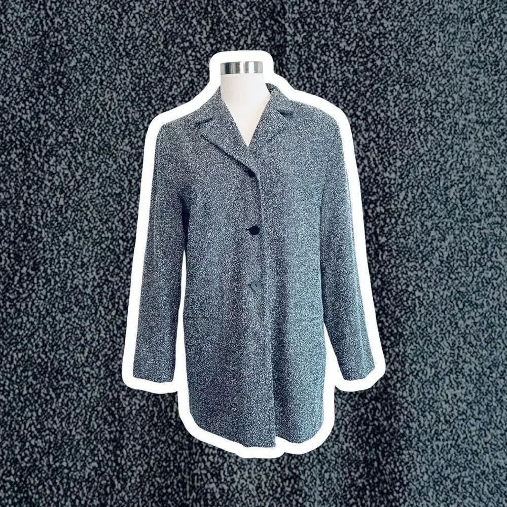 Vintage Touche Boucle Blazer Jacket Long Trench Black Grey 12 Medium Large